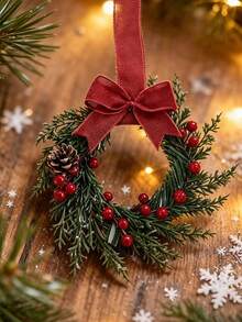 2pcs/1pc Christmas Wreath With Ribbon, 26cm/10.24in, Suitable For Kitchen Cabinets, Windows, Walls, Front Door Decoration, Small Christmas Wreath - Compact Indoor Use Christmas Wreath, Fireplace, Windows, Farmhouse Indoor Home Decor - Multicolor - View 4