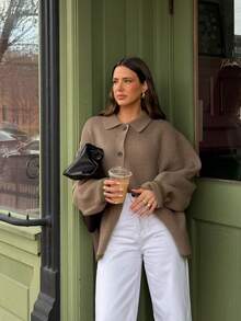 Senya 2026 Women's Ribbed Knit Cardigan, Grey-Brown Lapel Button Sweater, Loose Oversized Long Sleeve Contrast Trim Casual Autumn/Winter Top - Camel - View 9