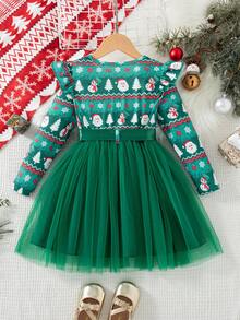 Young Girls Christmas Long Sleeve Dress, Green Mesh Tutu Dress With All-Over Print, Green Base With Ruffle Hem And Flutter Sleeves, Ribbon Bow, Santa Claus, Snowman, Christmas Tree, Snowflake, Holiday Party, Sweet Princess Style, Fashionable, Casual, Autumn/Winter, Daily Wear - Green - View 4