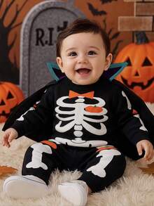 2pcs/Set Cute Halloween Skeleton Pattern Crew Neck Long Sleeve Knit Pullover Sweater And Knit Long Pants For Baby Boys, Suitable For Halloween, Casual Wear, Spring, Autumn, Winter - Black - View 1