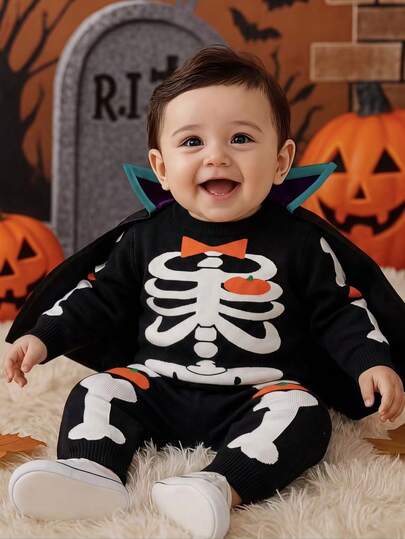 2 piezas/Set Suéter de punto de cuello redondo de manga larga con patrón de esqueleto de Halloween lindo y pantalones de punto largos para bebés niños, adecuado para Halloween, uso casual, primavera, otoño, invierno