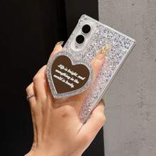 1pc Girls Glitter English Heart Mirror Stand And Rabbit Stand Phone Case, Back To School Gift, Birthday Gift, Graduation Gift, Compatible With Samsung Galaxy Z Fold8, Galaxy Z Fold8Ultra - Multicolor - View 10