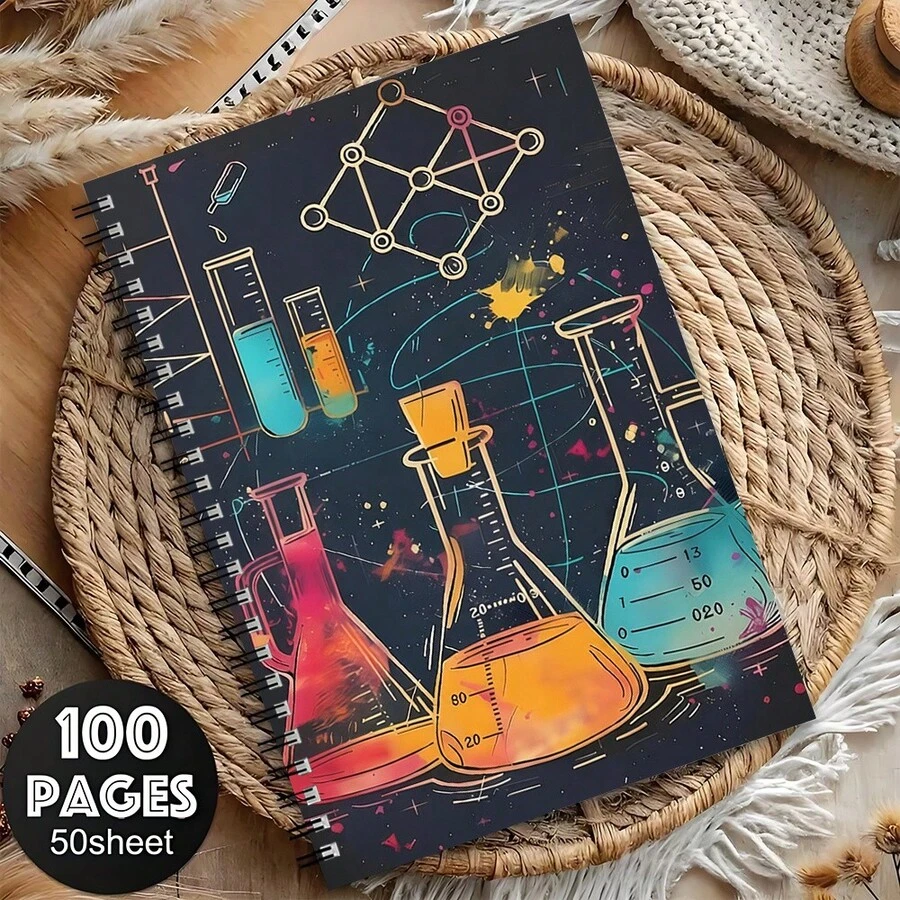 Neon Chemistry Lab Spiral Notebook, Colorful Erlenmeyer Flask Molecule Wire Bound Journal, A5 Dark Space Science Nerd Aesthetic Notepad For Student Stationery Gift