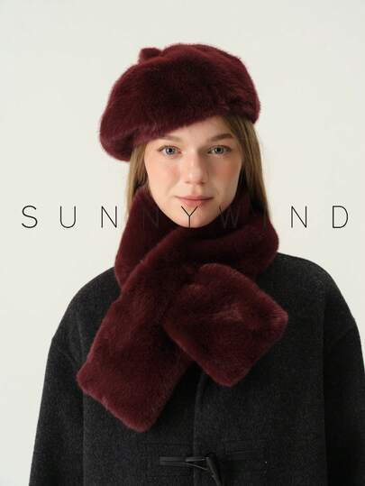 1 Set Women's Solid Color Sweet Elegant Versatile Faux Fur Beret Hat And Scarf Set, Warm For Autumn/Winter, Suitable For Daily Wear