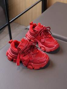 1 Pair Spring/Autumn Boys' Shoes, Colorful Girls' Sports Shoes, Soft Sole Chunky Sneakers - Red - View 6