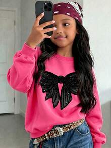 Girls' Crew Neck Pullover Sweatshirt, Printed With Shiny Black Bow Pattern, Sweet Style Loose Fit, Suitable For Spring And Autumn - Hot Pink - View 1