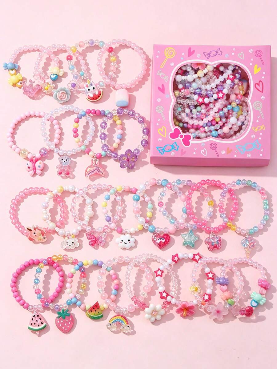 24Pcs Girls Butterfly Flower Heart Charm Beaded Bracelet Gift Set, Random Color, Holiday Party Jewelry, Birthday Gift
