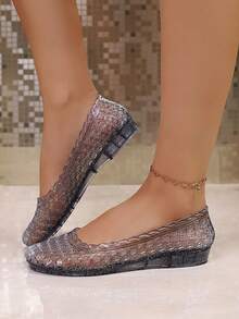 Transparent Shiny Blue PVC Hollow Woven Round Toe Low Vamp Jelly Sandals Women Flat Breathable Crystal Shoes Summer Fairy Style - Blue - View 4