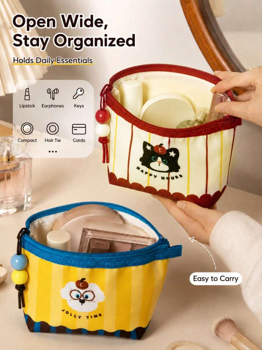 1pc Cute Cartoon Mini Cosmetic Bag, Small Zipper Pouch & Coin Purse With Beaded Charm For Lipstick, Cards, Coins & Earbuds - Multicolor - View 1