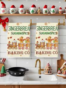 2pcs Christmas Gingerbread Sugar And Spice Print Kitchen Towels, Baking Company Cookie Design Dish Cloths, Suitable For Kitchen Cleaning & Christmas Decor - White - View 8