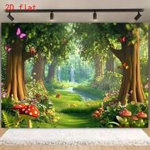 2D Flat 1pc Magic Forest Fairy Tale Background Banner With Mushrooms And Stream - Vibrant Polyester Party Banner - A - View 4