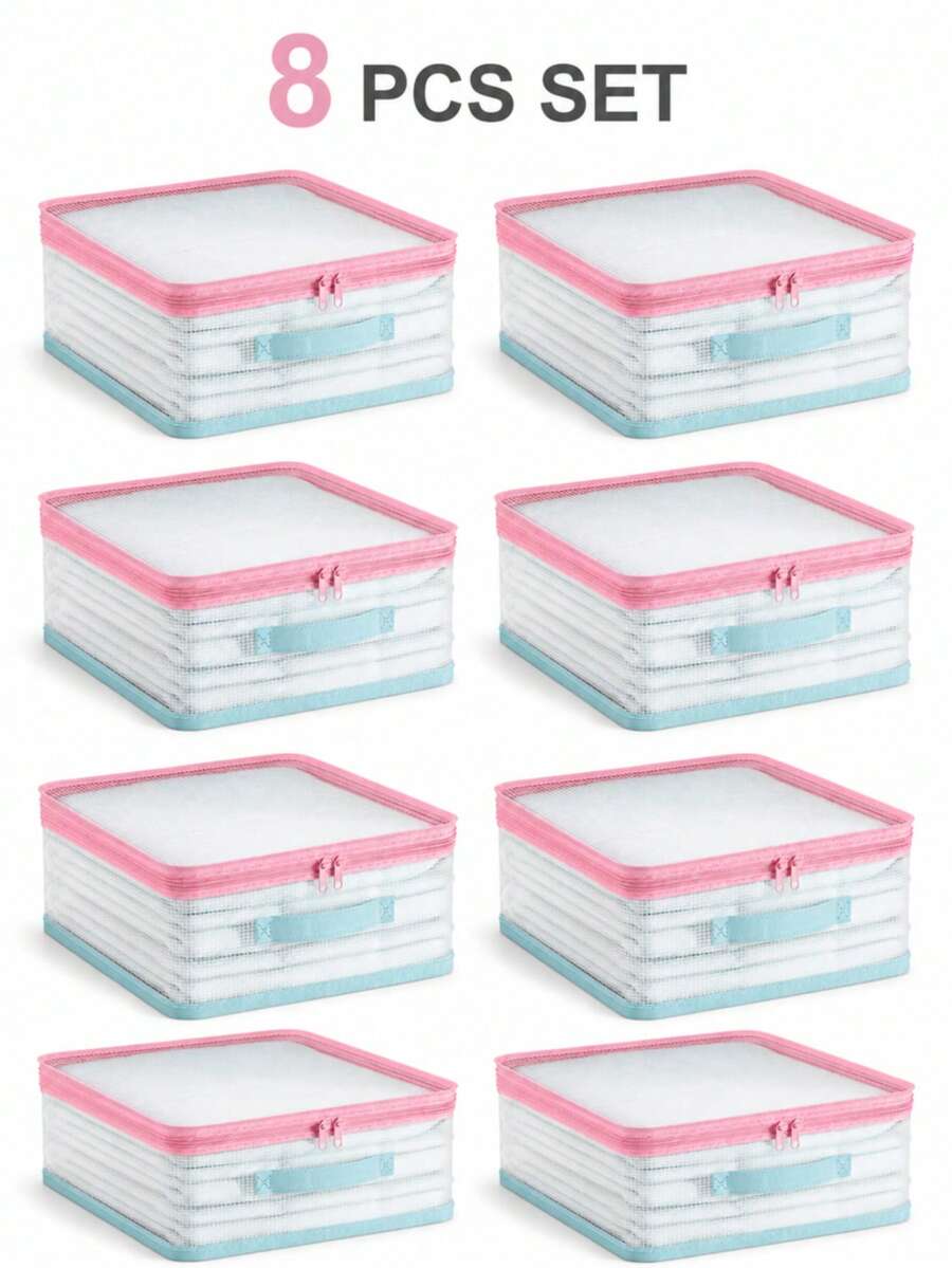 8PCS Large Capacity Clear Mesh Storage Bins With Zipper Lid & Handles, Foldable Closet Organizer For Clothes, Quilts, Blankets, Bed Sheets And Linens, Dustproof Home Storage Solution - Clear - View 1