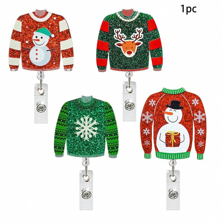 1pc Christmas Sweater Acrylic Retractable Badge Reel ID Holder For Nurses Students Teachers Holiday Gift - A - View 1