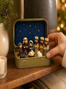 1 Set - Christmas Nativity Scene Set In Tin Box, Christmas Nativity Scene Set, Jesus Statue, Suitable For Holy Family, Statue Tin Box Set, Handmade Small Nativity Scene Set, Holiday Decoration, Gift For Friends, Nativity Scene Set - one-size - View 7