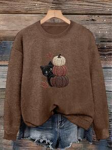 Women's Round Neck Sweater, Faux Knit Swan Print, Autumn/Winter Fashion Style - Dark Ochre - View 4