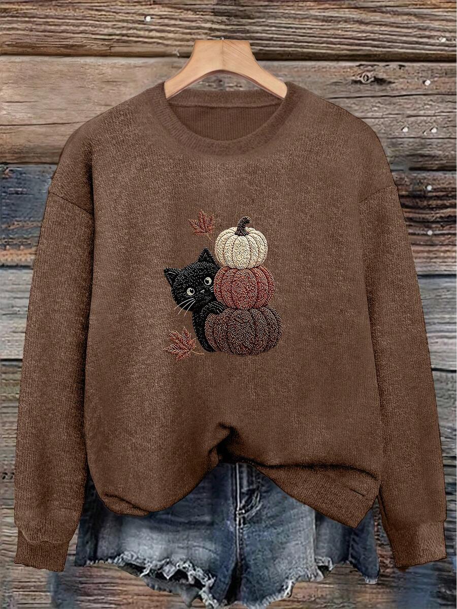 Sweater Leher Bulat Wanita, Motif Angsa Rajutan Imitasi, Gaya Busana Musim Gugur/Dingin - Oker gelap - View 1