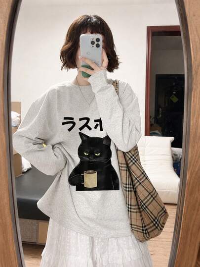 เสื้อยืดแขนยาวแบบลำลอง หญิง ลายตัวอักษรและแมวญี่ปุ่น สำหรับฤดูใบไม้ผลิ/ใบไม้ร่วง