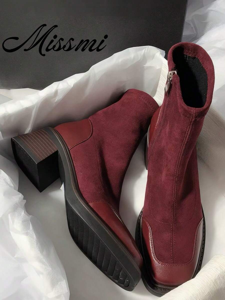 Elastic Short Shaft Leg-Hugging Boots New Commuter Leather Square Toe Chunky Heel Back Zipper High Heel Slim Boots - Burgundy - View 1