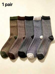 Men's Multi-Color Contrast Striped Ribbed Cuff Cotton Warm Vintage Business Mid-Calf Socks, Autumn/Winter Commute - Multicolor - View 8