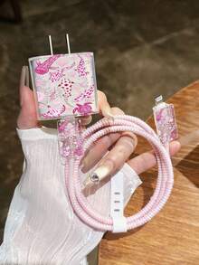 5pcs Pink Ocean Creature Pattern 1.4m Cable Wrap Charger Head Protector, Anti-Breakage TPU Cable Organizer Charging Head Protector. Compatible With Phone 12/13/14, Suitable For 20W Fast Charging Cable - Multicolor - View 2