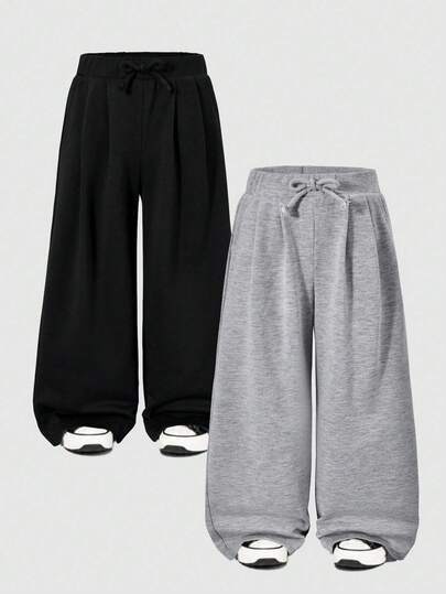 Conjunto de 2 piezas de pantalones rectos casuales con lazo en la cintura de unicolor para niña