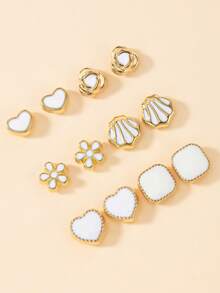 6 Pairs Minimalist Fashion Women's Stud Earrings Set, Floral Heart Square Shell Unique Designs, Casual Daily Commute Wear Jewelry Gift - White - View 4