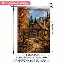 1 Pc Garden Flag, Stone Cottage Golden Autumn‑Tree Snow‑Mountain Print, Stone Path Old Well Floral Details, Flag Only No Pole, For Yard Outdoor Decor - A - View 4