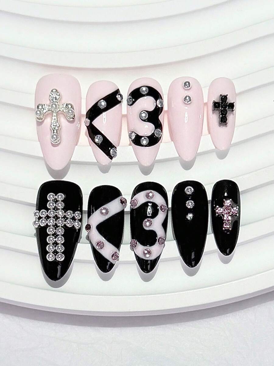 10pcs Pink & Black Cross & Number 3 Press-On Nails, Rhinestone & Stud Decor Fake Nails, Almond Shape Gothic Punk Nail Art Tips, Nail Supplies (1pc Jelly Glue + 1pc Nail File) Handmade Press On Nails - Multicolor - View 1