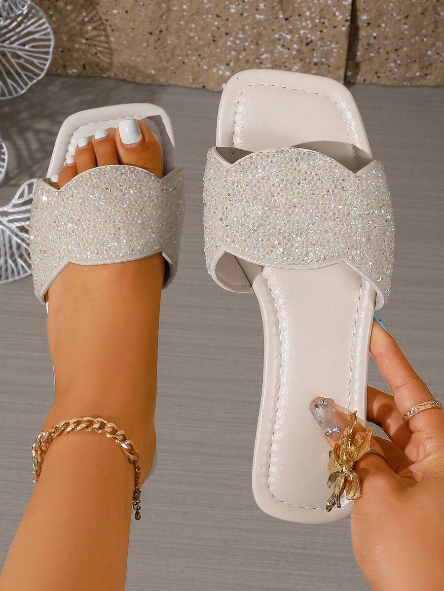 Women's New Solid Color Square Toe Flat Slide Sandals, Sparkling Rhinestone Upper, Fashionable Elegant Versatile, Suitable For Summer Outings, Weddings, Dates, Parties, Beach, Vacation - Beige - View 1