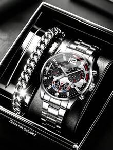 2pcs/Set Men's Fashion Stainless Steel Quartz Watch And Bracelet, Suitable For Party And Formal Occasions, Perfect Holiday Gift - Silver - View 10