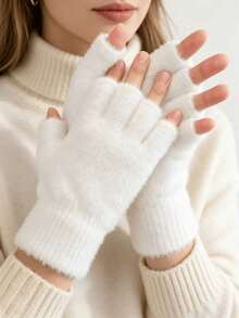 1 Pair Solid Color Casual Cute Party Polyester Jacquard Fuzzy Soft Knit Half Finger Gloves, Suitable For Spring, Autumn, Winter, School, Study, Outdoor Use - White - View 2