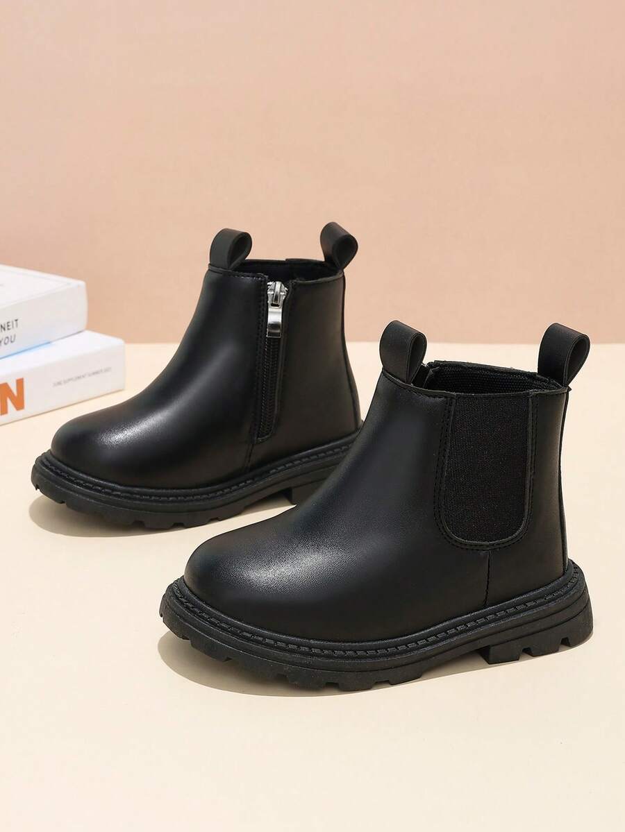 1 Pair Kids Chelsea Ankle Boots, Soft PU + Elastic Fabric Material, Round Toe, Thick Sole, Inner Zipper Design, Classic British Style Boots, Suitable For Boys And Girls Students Daily School And Vacation, Autumn/Winter New