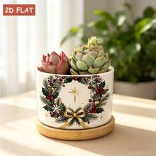 Christmas Wreath Ceramic Flower Pot With Holly Leaves, Red Berries, Gold Bow And Snowflake Decor, 3.62X3.62X2.68 Inch Decorative Flower Pot, Perfect For Desktop Display And Holiday Home Decor Gardening Gift - A - View 5