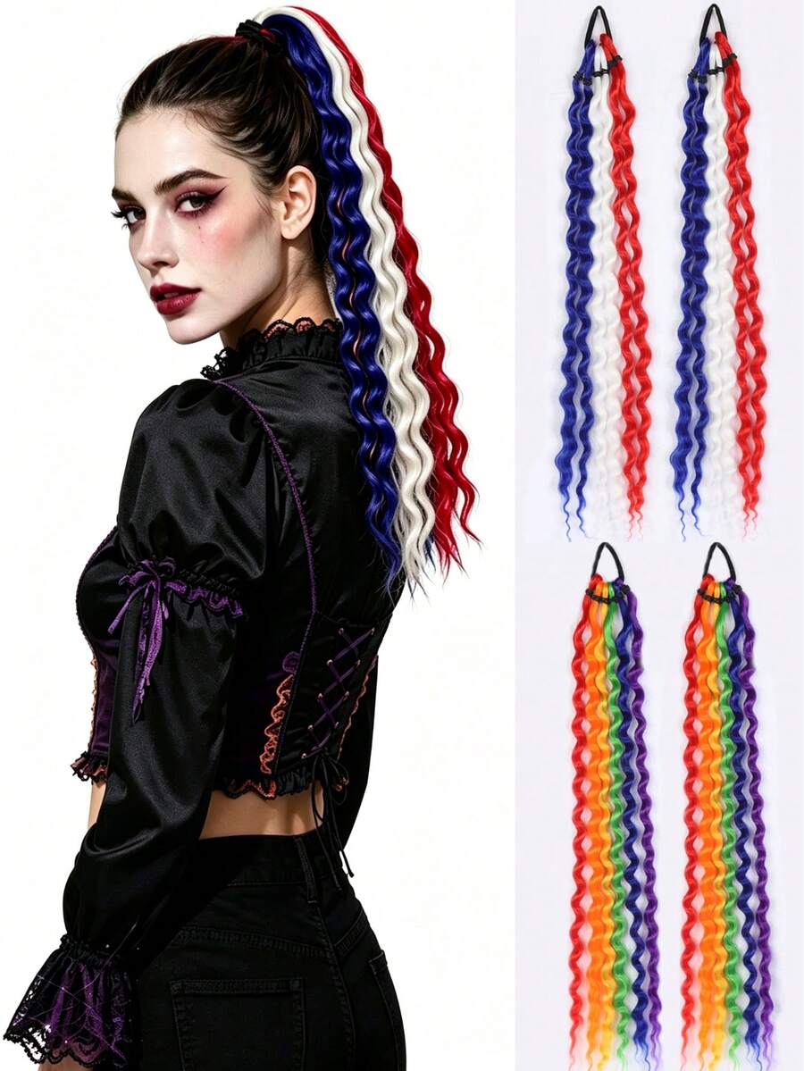 2Pcs 18Inch Long Curly Ponytail With Elastic Hair Rope Hair Extensions Suitable For Daily Wear And Various Holiday Occasions