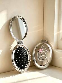1pc/Mini Portable Foldable 2-In-1 Air Cushion Comb Mirror, Electroplated Metal Shell, Carry Mirror Air Cushion Comb; Luxury Minimalist Style, Silver 26 Letter Star Embossed Oval Shape, Flip Cover Integrated Design, Makeup Touch-Up And Hair Smoothing Dual-Use Makeup Comb, Commuting, Business Trip, Travel, Gift, Daily Use - Portable Cushion Brush With Mirror - View 11