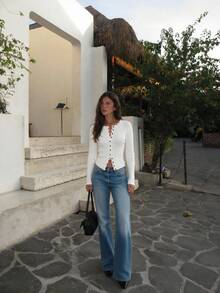Sookaug Elegant Lace Trim Placket Knitted Cardigan Slim Fit Flattering Single-Breasted Cream White Sweater Jacket Women's Ribbed Knit Long Sleeve Cardigan, Decorated With Fan-Shaped Lace, Short Length Button Front Opening Knit Sweater - White - View 3