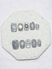 10片灰色綠色不對稱金屬蝴蝶短款貓眼假指甲，可拆卸可重複使用美甲用品（含1片果凍貼 + 1片指甲锉） - 綠色 - 查看 13
