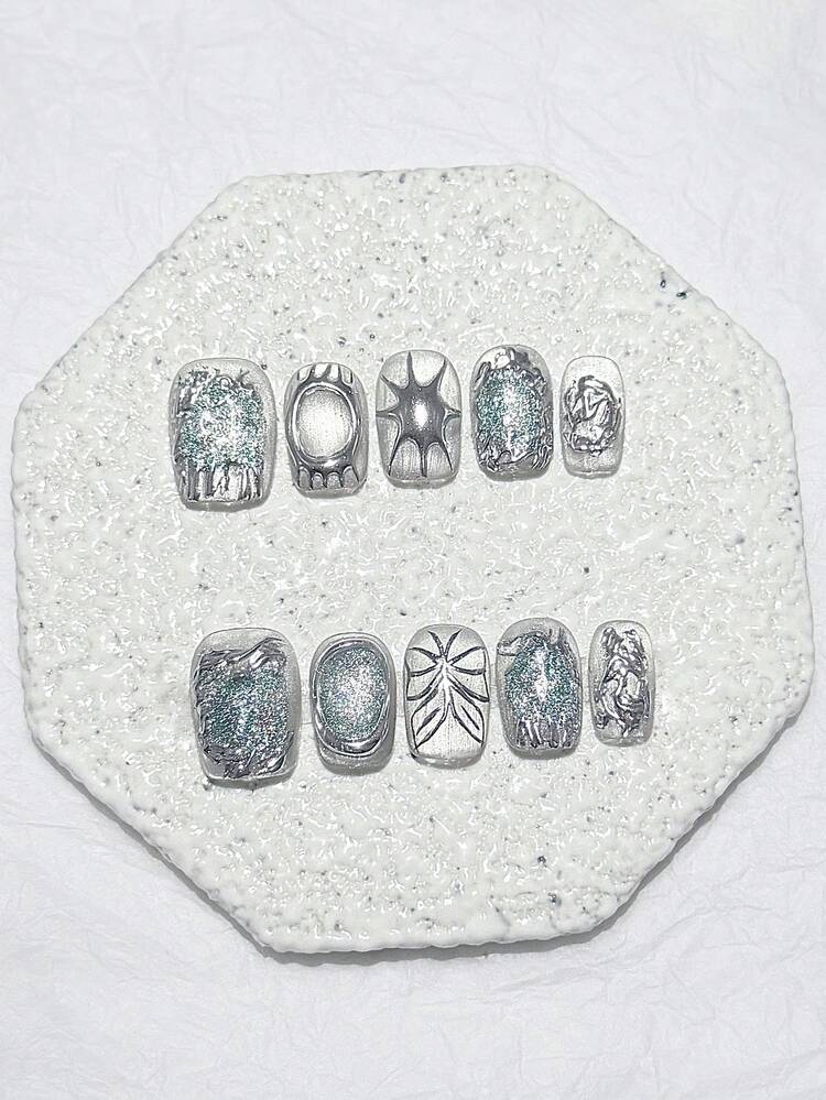 10pcs Gray Green Asymmetric Metal Butterfly Short Cat Eye False Nails, Removable And Reusable Nail Art Supplies (1pc Jelly Sticker + 1pc Nail File) - Green - View 13