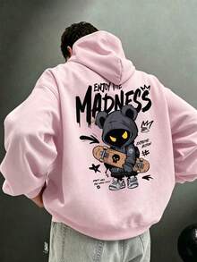 #Punk Bear 男士滑板酷小孩印花連帽衛衣，抽繩與口袋設計 - 粉色 - 查看 2