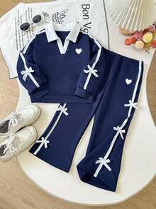 Tween Girl Heart Pattern Embroidered V-Neck Long Sleeve Sweatshirt And Pants - Royal Blue - View 2