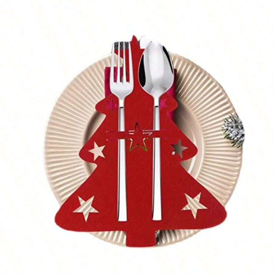 12/10/6pcs Christmas Gift Tableware Decor Holder, Halloween Gift, New Year Gift, Kitchen Accessories Christmas Tree Tableware Rack, Felt Tableware Bag, Holiday Table Decor, Christmas Dinner Party Supplies, New Year Tableware Decoration - View 1