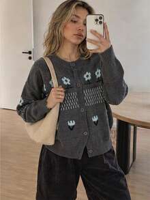 Wixra Graphic Floral Pattern Button Front Drop Shoulder Knit Cardigan Casual Long Sleeve Crew Neck Loose Sweater Outerwear - Grey - View 1