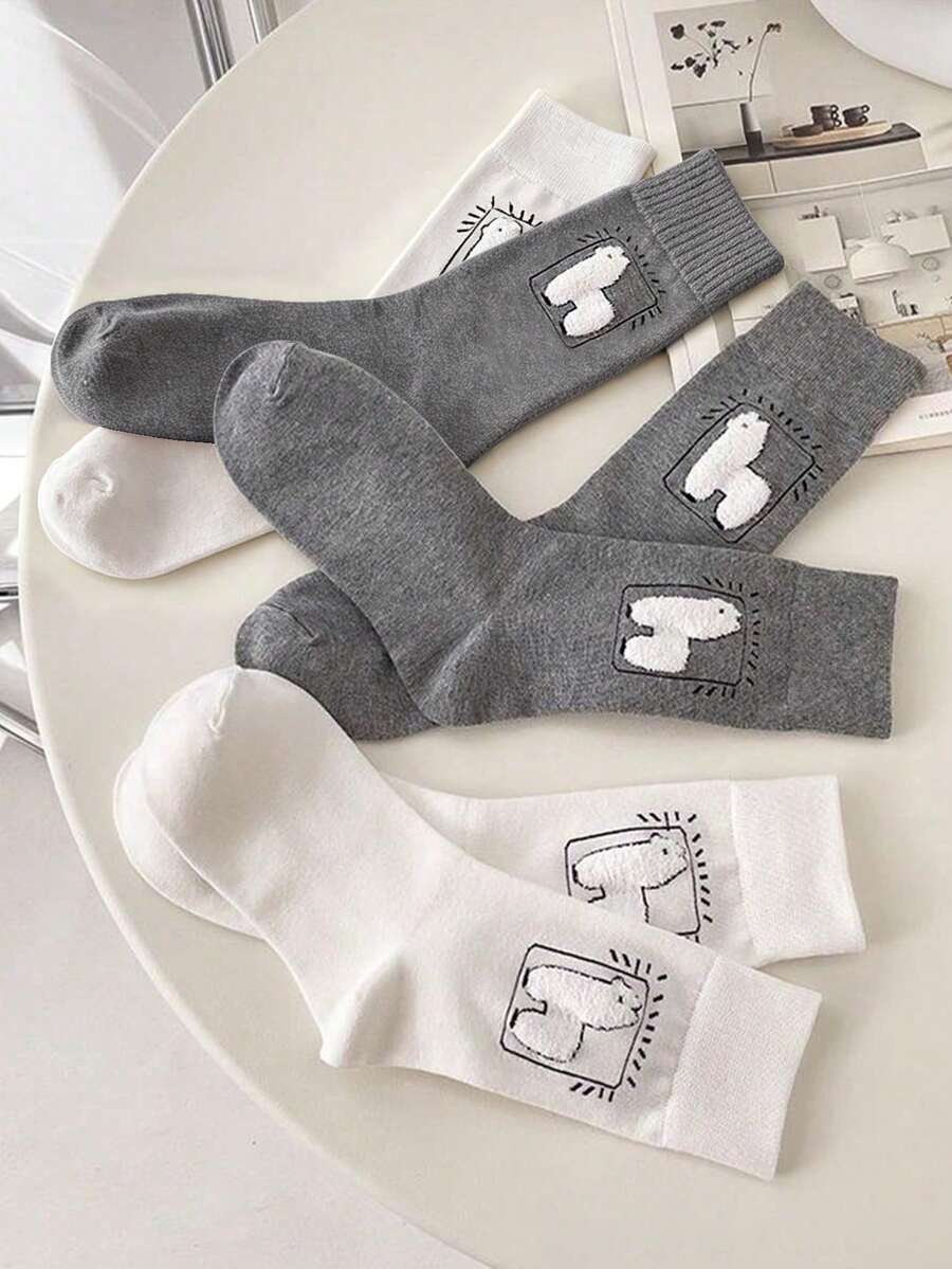 3/6 Pairs Women's 3D Flocked Alpaca Mid-Calf Socks, Black White Gray Minimalist Cute Animal Socks, Suitable For Daily Sports Shoes Matching - Multicolor - View 1