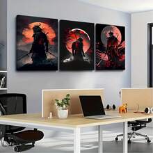 3-Piece Set Mysterious Warrior Wall Art, Red Moon And Mountain Background, Optional Frame - A - View 3