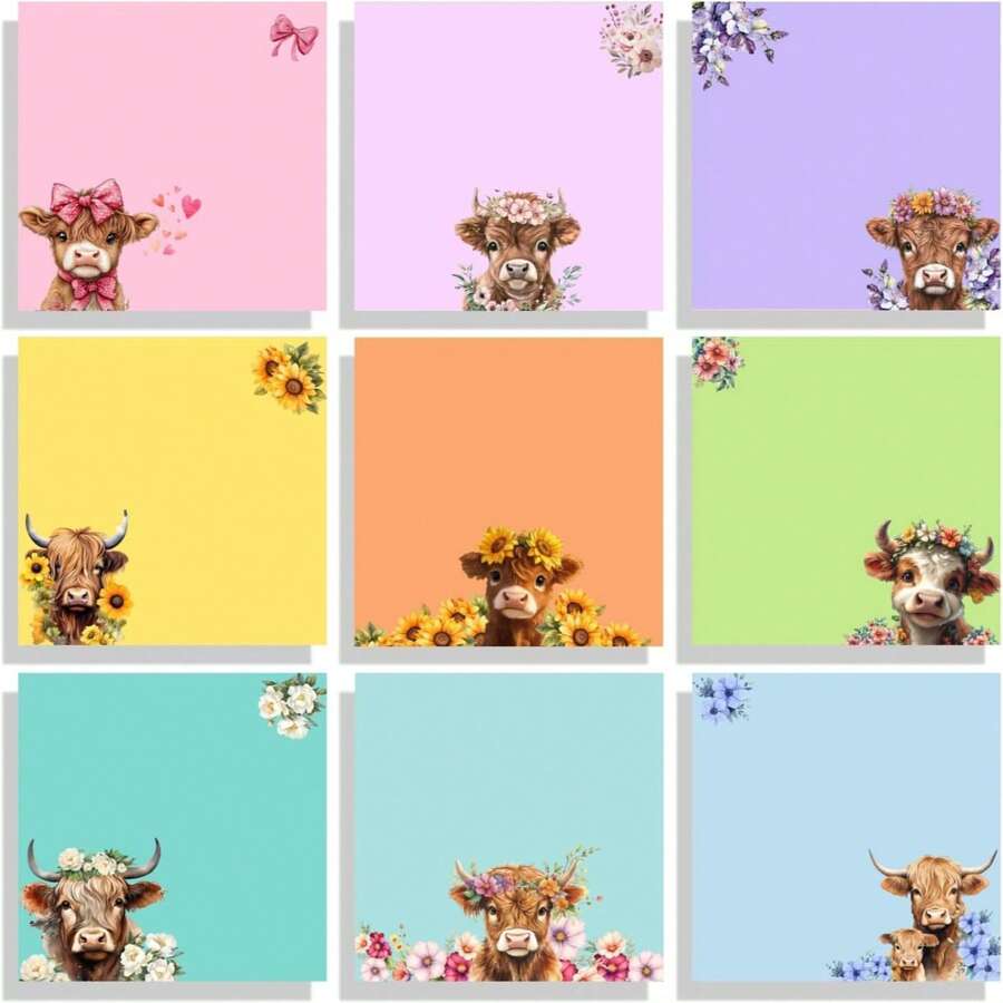 2pcs (Random Style & Color) Highland Cow Sticky Note Set, Cute Floral & Animal Stickers, Suitable For Home, School And Office Use, Ideal Valentine's Day Gift For Women, Also Learning Supplies - one-size - View 1