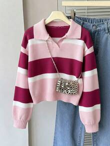 Sweater Polo Lengan Panjang Bergaris Warna Blok untuk Anak Perempuan, Atasan Rajut Pendek Serbaguna Baru untuk Musim Gugur/Dingin - MultiWarna - View 1