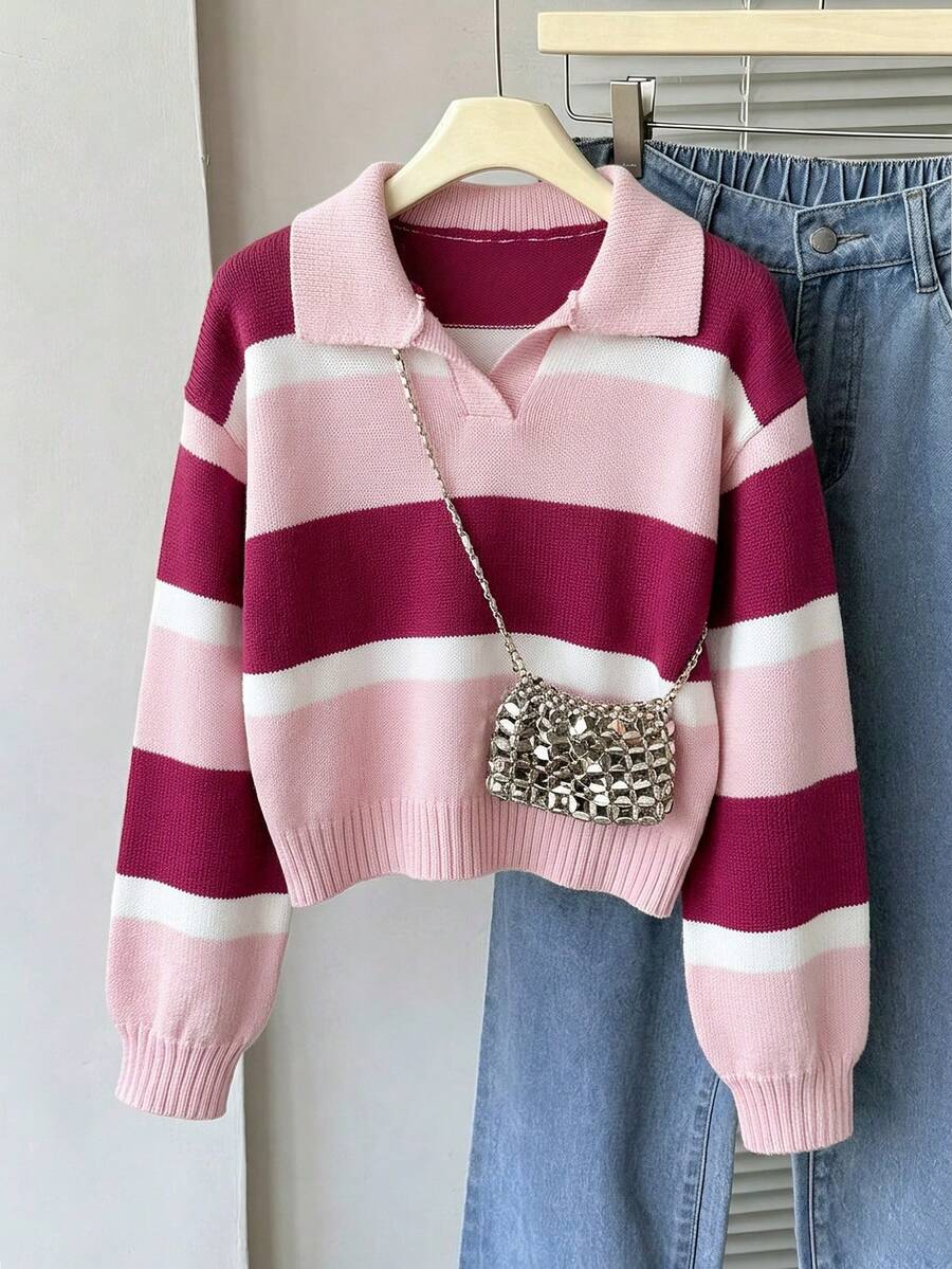 Sweater Polo Lengan Panjang Bergaris Warna Blok untuk Anak Perempuan, Atasan Rajut Pendek Serbaguna Baru untuk Musim Gugur/Dingin - MultiWarna - View 1