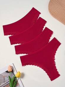 4pcs Women's Burgundy Lace Trim Ribbed Comfortable Minimalist Solid Color Thong - Burgundy - View 2