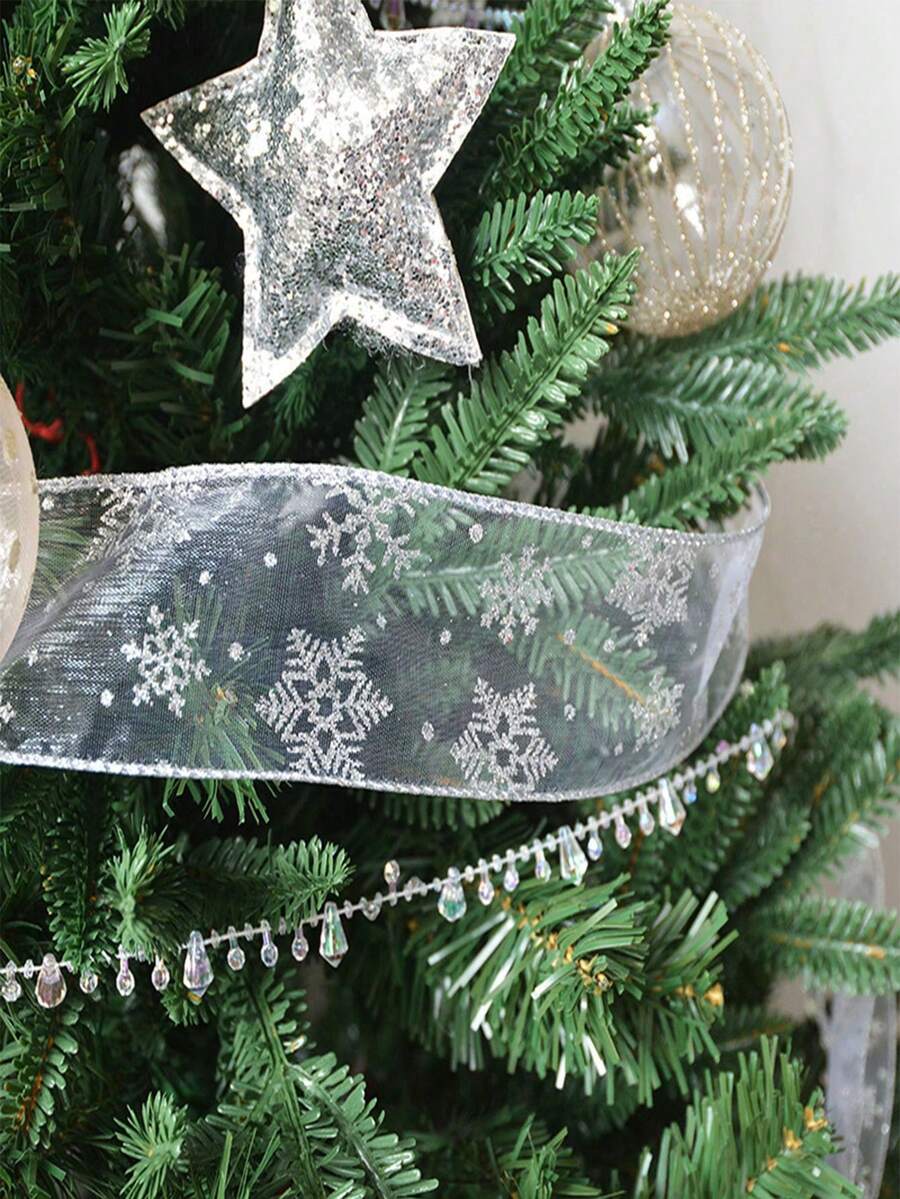 1PC Gold Foil Snow Tulle With Wired Edge Snowflake Organza Christmas Decorative Ribbon With Silver Glitter Bow Material - Multicolor - View 1