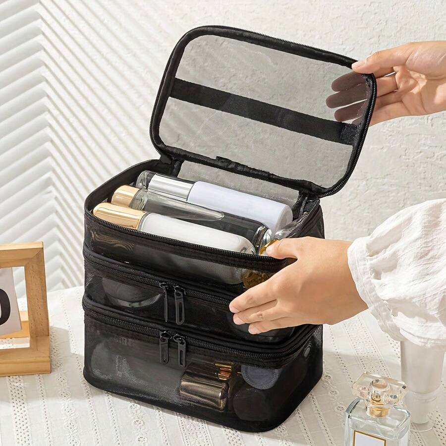 Nylon Mesh 3-Layer Makeup Bag, Large Capacity Multi-Compartment Storage Bag, Multi-Function Toiletry Bag
